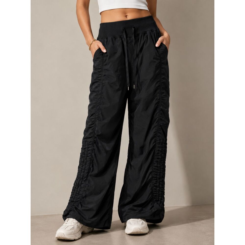 Zella Black Ruched Wide Leg Lounge Pants Womens 8 Athleisure Yoga Streetwear